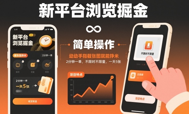 新平台浏览掘金，动动手指截张图就能挣米，2分钟一单，不限时不限量，一天5张【揭秘】-泡芙局网创