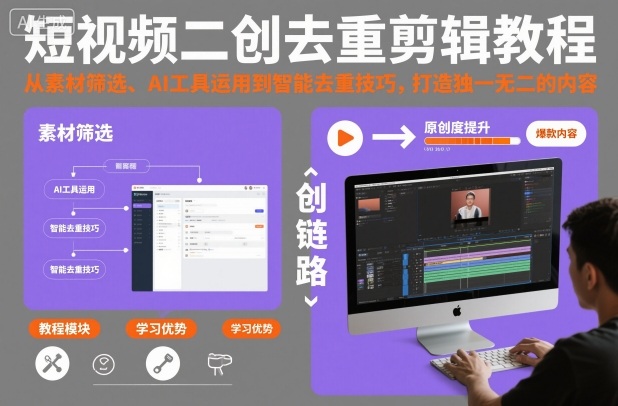 短视频二创去重剪辑教程，从素材筛选、AI工具运用到智能去重技巧，打造独一无二的内容-泡芙局网创
